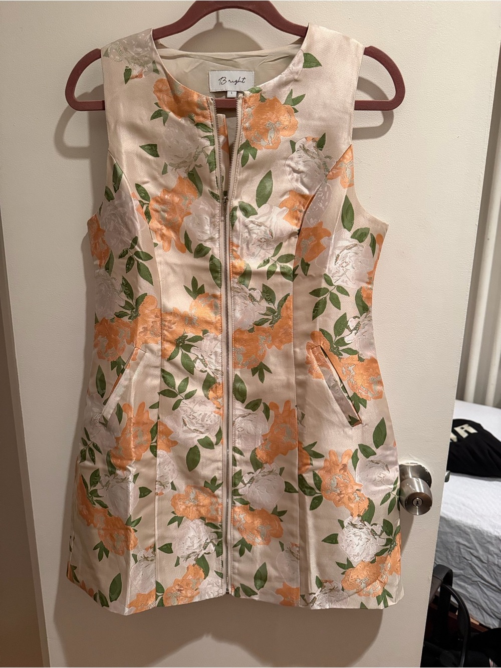 Sleeveless Floral Satin Zipper Front A Line Mini Dress